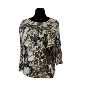 Jess & Jane Rhinestone Leopard Animal Print 3/4 Sleeves Top Shirt Blouse